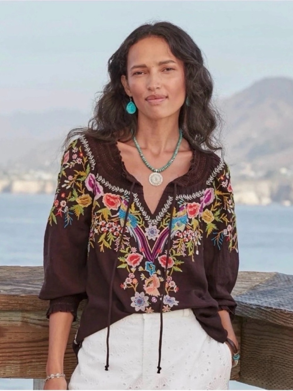Sundance Amora Blooms Floral Embroidered Blouse Peasant Top Chocolate Brown XL